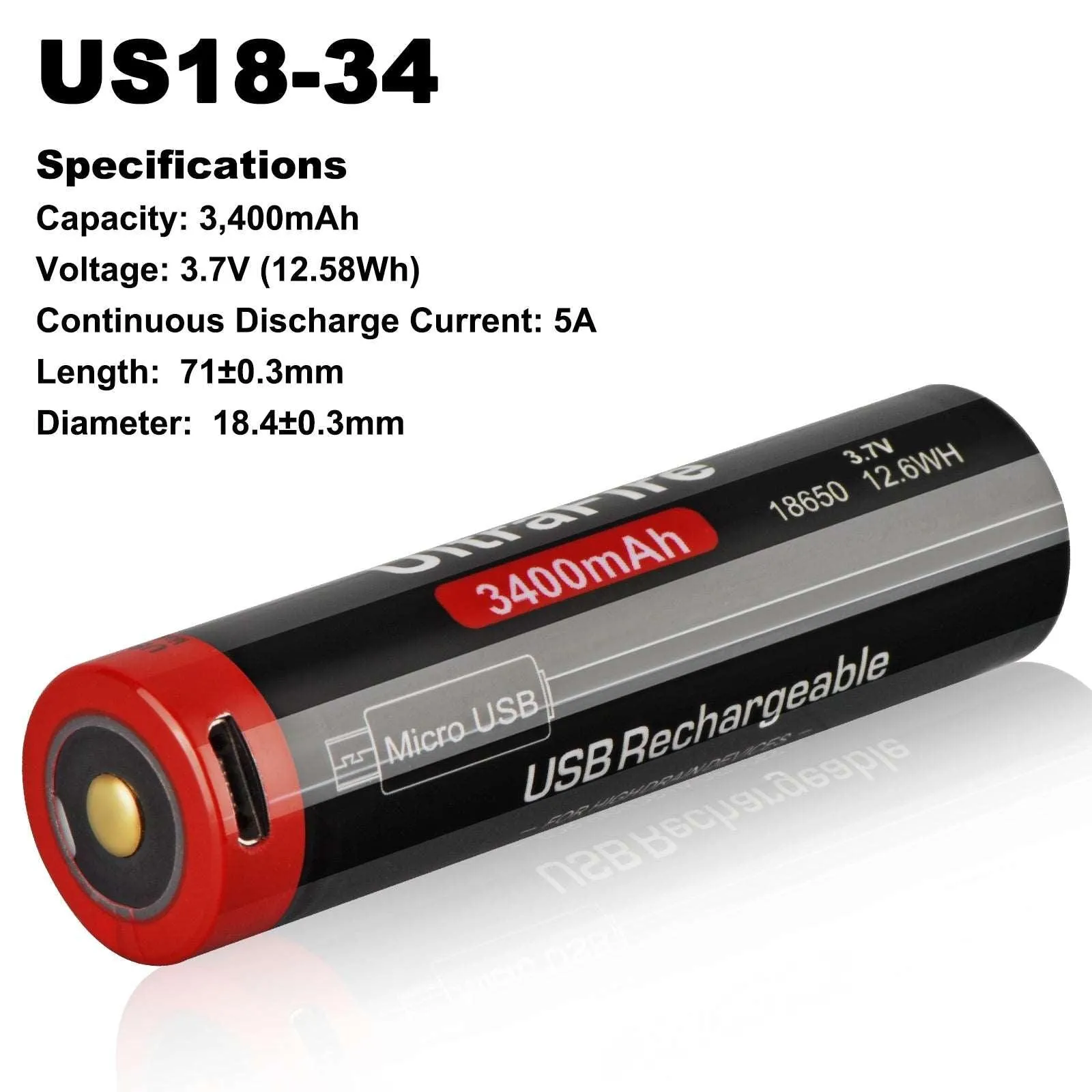 18650 3400mAh 3.7V Rechargeable Micro-USB Battery (2-Pack)