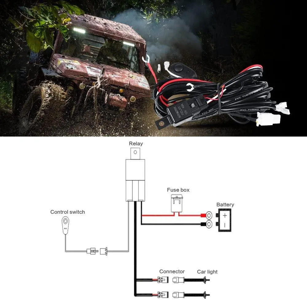 (2 Lead) LED Light Bar Wiring Harness Kit with Fuse Relay ON/Off Switch for LED Off-Road Driving Work Light