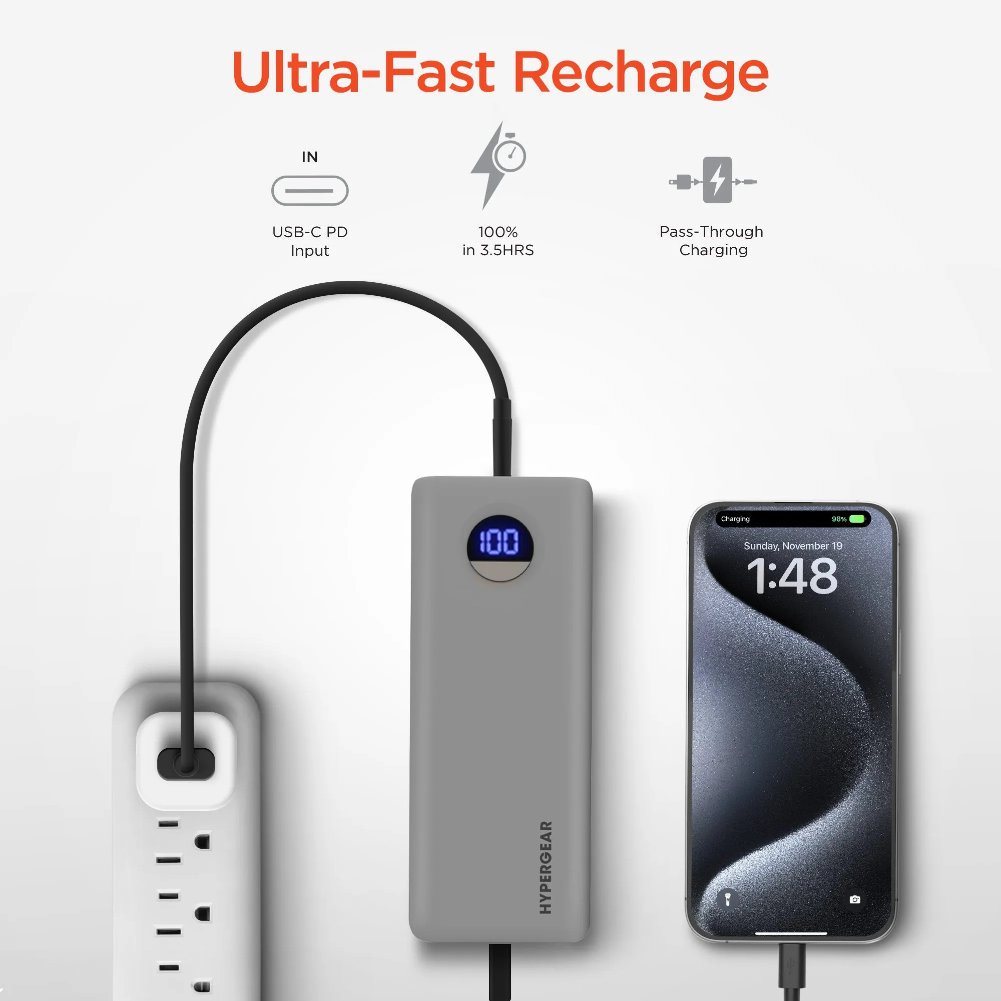 20,000mAh | Power Pack Pro  Fast Charge Power Bank with 35W USB-C PD PPS and Digital Display | Gray