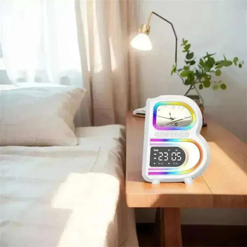 2024 New B-Shaped Portable Bluetooth Speaker Multifunctional Smart Music Rhythm LED Lighting Phone Wireless Charger TF Card AUX Input Standard Mode