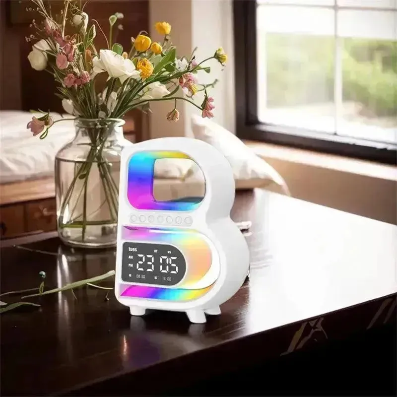 2024 New B-Shaped Portable Bluetooth Speaker Multifunctional Smart Music Rhythm LED Lighting Phone Wireless Charger TF Card AUX Input Standard Mode