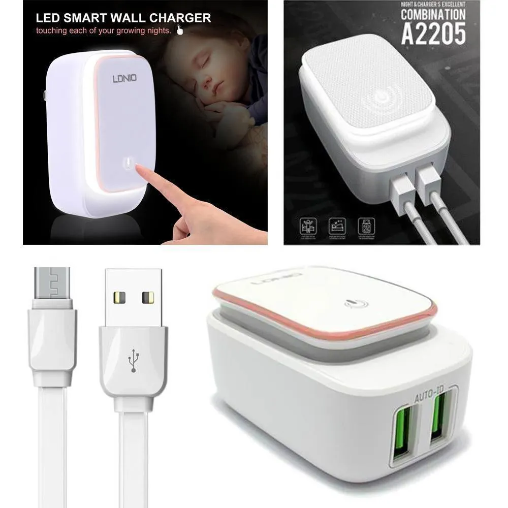 2.4A 2-in-1 Universal Dual USB Port LED Power Touch Night Lamp Travel Wall Charger Adapter W. Micro USB Cable by Modes