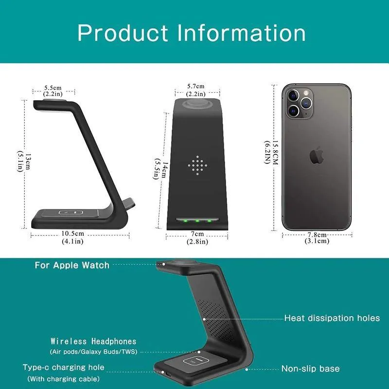 3 in 1 Qi Fast Wireless Charger Stand For iPhone/Samsung