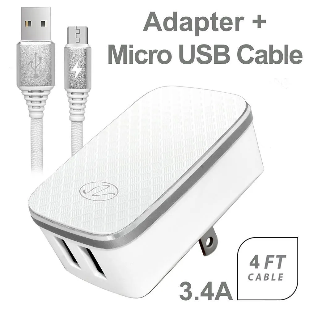 3.4A 2-in-1 Universal Dual USB Port Travel Wall Charger Adapter With Micro USB Cable White by Modes