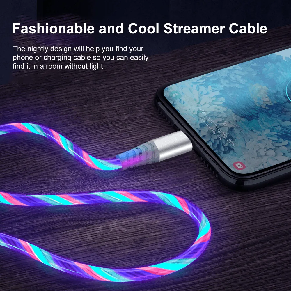 7A 100W Flowing Light LED USB Cable for USB-C Micro USB great for Samsung, Xiaomi, Google, GoPro and more...