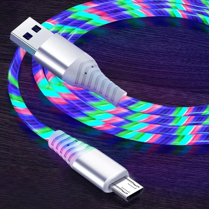 7A 100W Flowing Light LED USB Cable for USB-C Micro USB great for Samsung, Xiaomi, Google, GoPro and more...