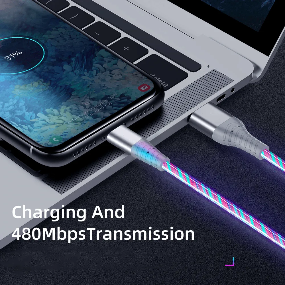 7A 100W Flowing Light LED USB Cable for USB-C Micro USB great for Samsung, Xiaomi, Google, GoPro and more...