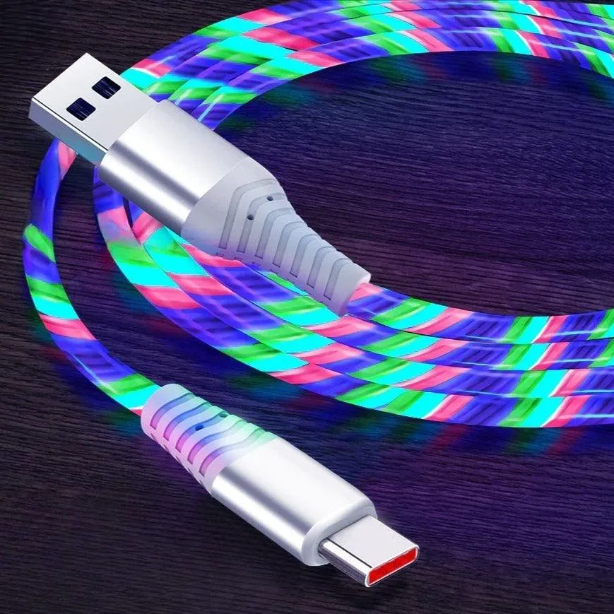 7A 100W Flowing Light LED USB Cable for USB-C Micro USB great for Samsung, Xiaomi, Google, GoPro and more...