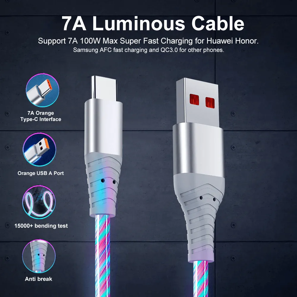 7A 100W Flowing Light LED USB Cable for USB-C Micro USB great for Samsung, Xiaomi, Google, GoPro and more...