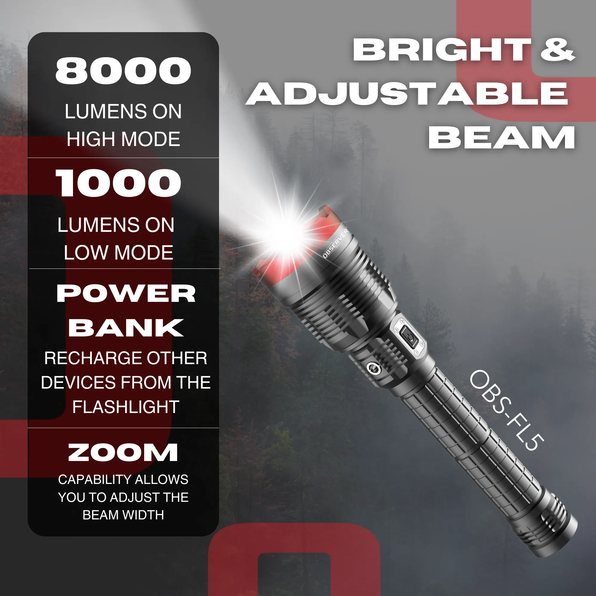 8000 Lumen Ultra-High Power LED Rechargeable Flashlight with Phone Charger and Zoom