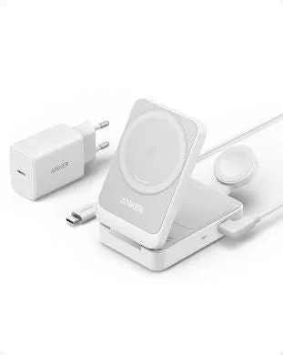 Anker MagGo Wireless Charging Station Foldable 3 in 1, Bundle Cable & Charger 15Watts, White