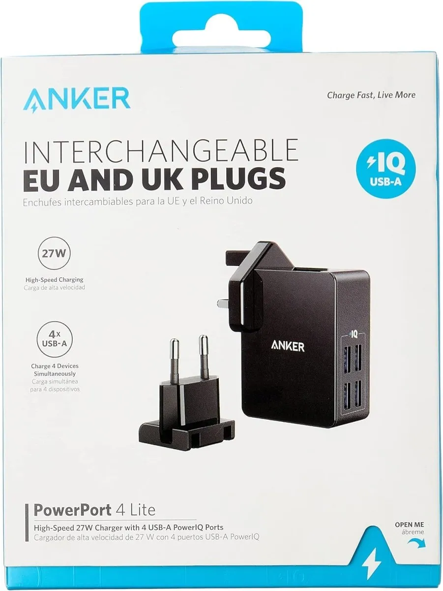 Anker powerport lite 27w 2.4a 4 port usb charger with interchangeable uk and eu travel adapter and power iq for iphone 8/8 plus/7/6s, ipad air/mini.