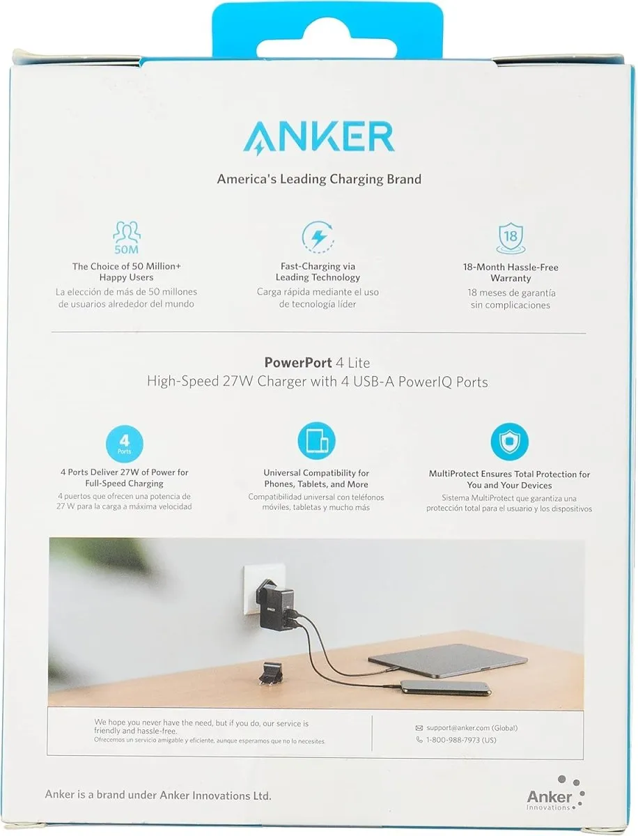 Anker powerport lite 27w 2.4a 4 port usb charger with interchangeable uk and eu travel adapter and power iq for iphone 8/8 plus/7/6s, ipad air/mini.