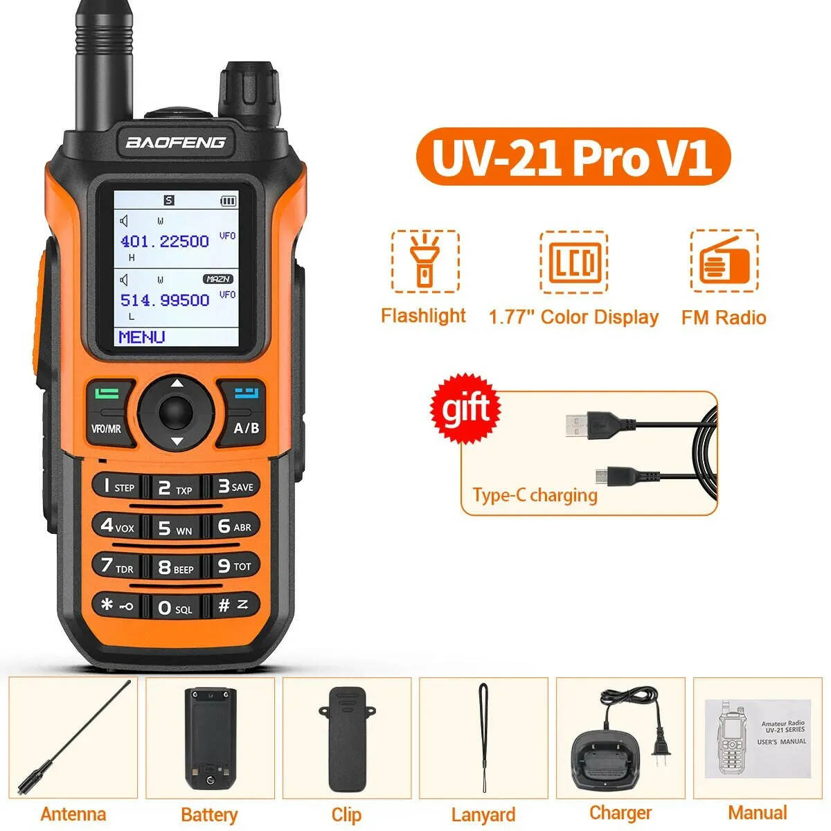 Baofeng UV-21 Pro Wireless Copy Frequency Tri-Band 999CH Waterproof Walkie Talkie TYPE C 16 KM Long Range UV-5R 17 Harm Radio