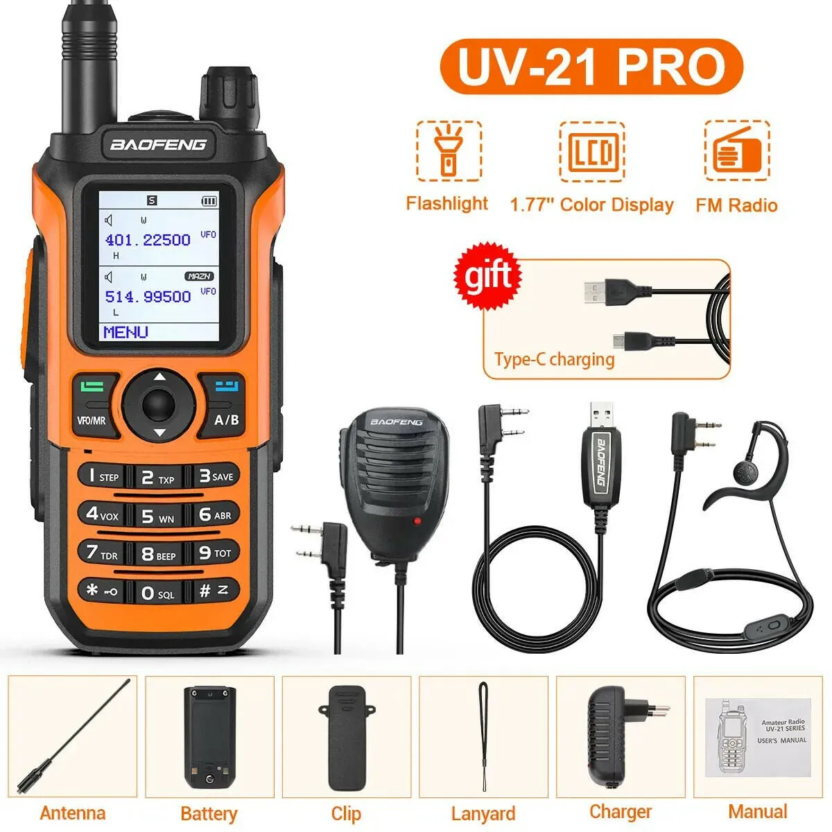 Baofeng UV-21 Pro Wireless Copy Frequency Tri-Band 999CH Waterproof Walkie Talkie TYPE C 16 KM Long Range UV-5R 17 Harm Radio