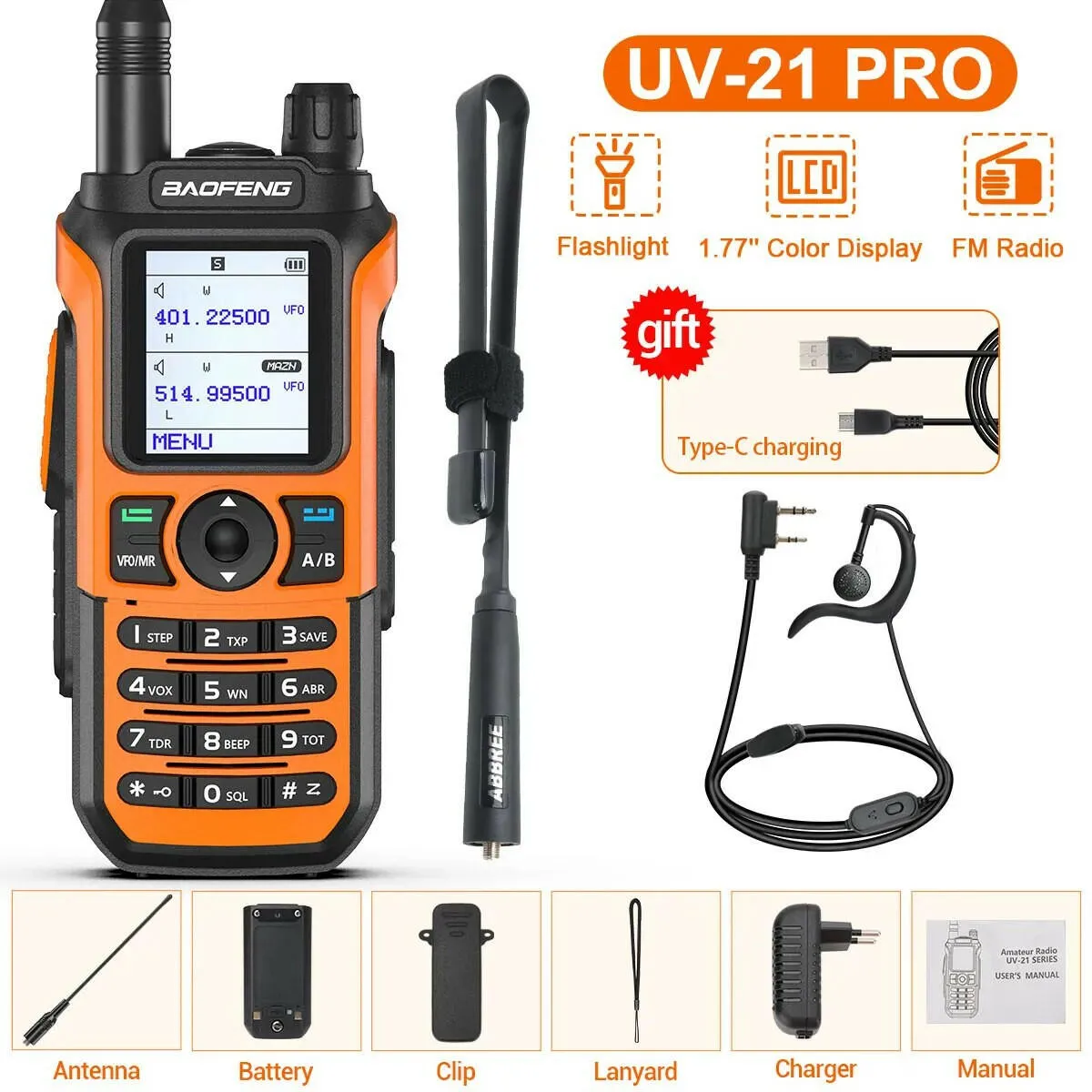 Baofeng UV-21 Pro Wireless Copy Frequency Tri-Band 999CH Waterproof Walkie Talkie TYPE C 16 KM Long Range UV-5R 17 Harm Radio