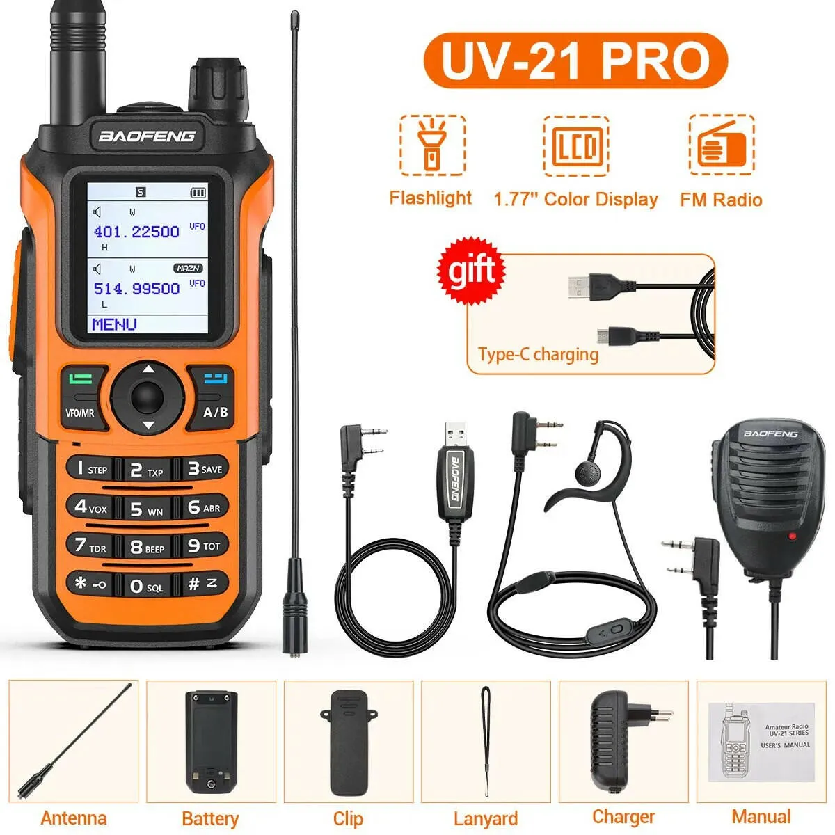 Baofeng UV-21 Pro Wireless Copy Frequency Tri-Band 999CH Waterproof Walkie Talkie TYPE C 16 KM Long Range UV-5R 17 Harm Radio