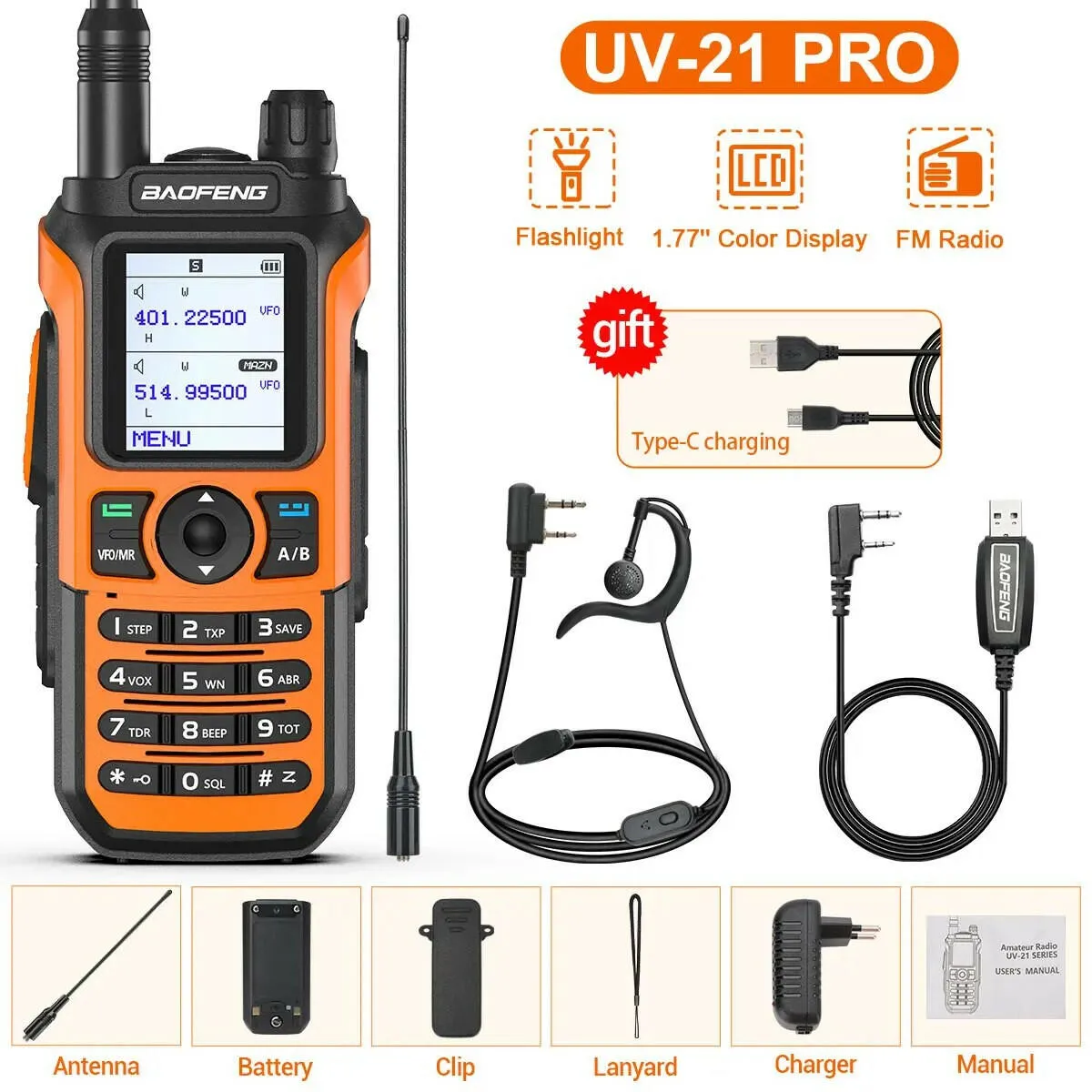 Baofeng UV-21 Pro Wireless Copy Frequency Tri-Band 999CH Waterproof Walkie Talkie TYPE C 16 KM Long Range UV-5R 17 Harm Radio