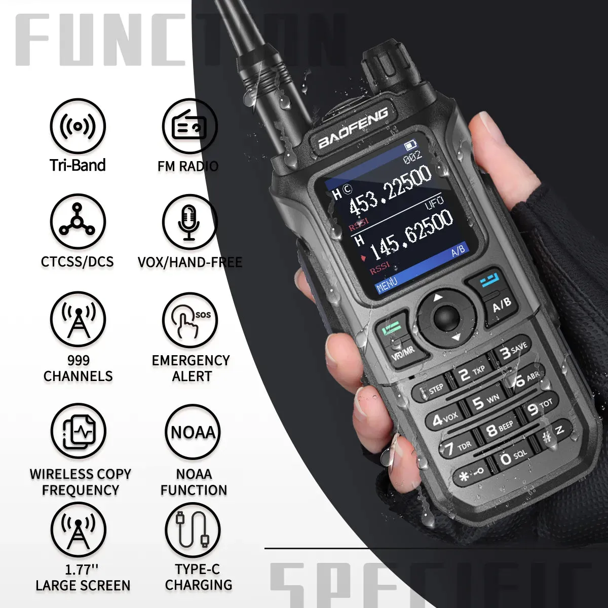 Baofeng UV-21 Pro Wireless Copy Frequency Tri-Band 999CH Waterproof Walkie Talkie TYPE C 16 KM Long Range UV-5R 17 Harm Radio