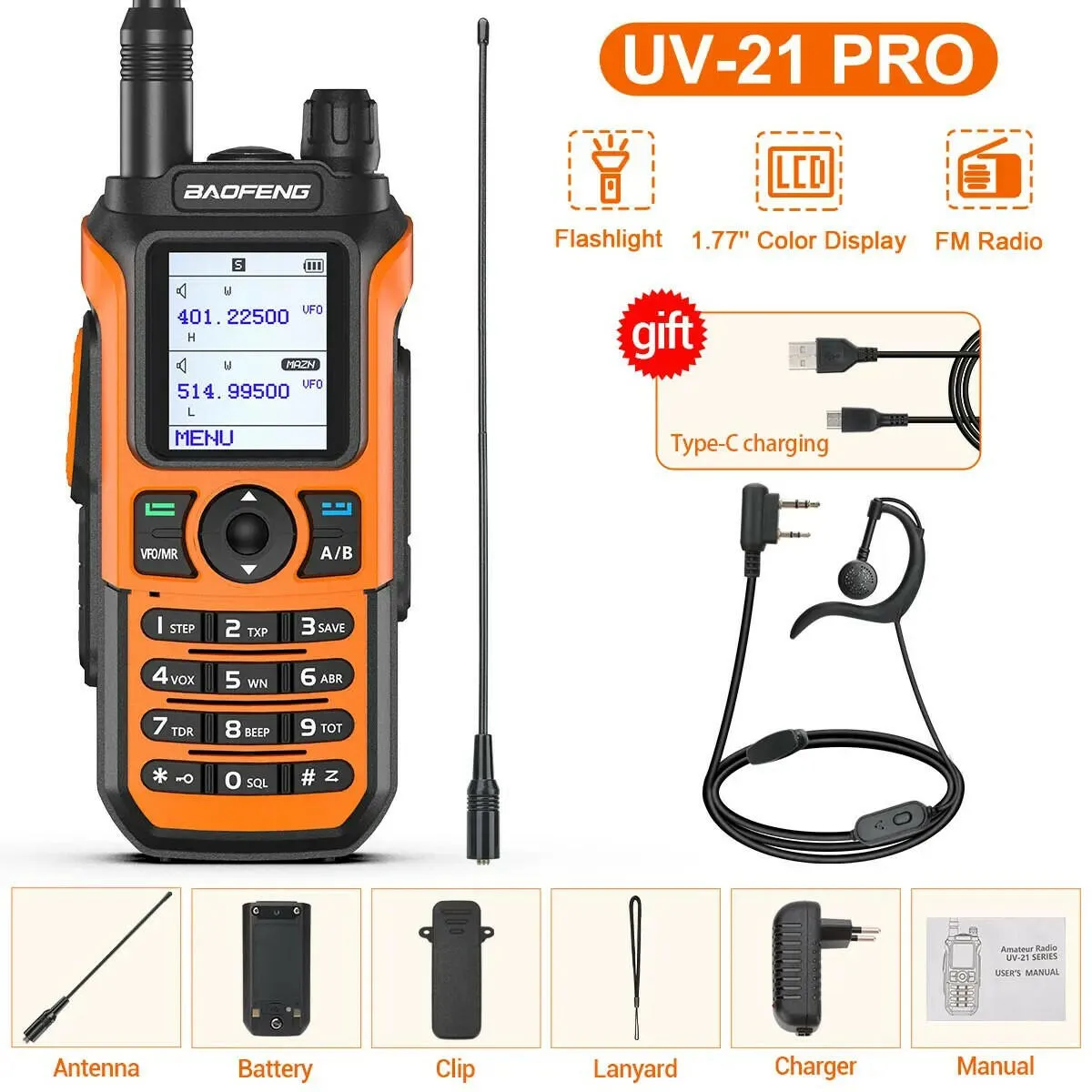 Baofeng UV-21 Pro Wireless Copy Frequency Tri-Band 999CH Waterproof Walkie Talkie TYPE C 16 KM Long Range UV-5R 17 Harm Radio