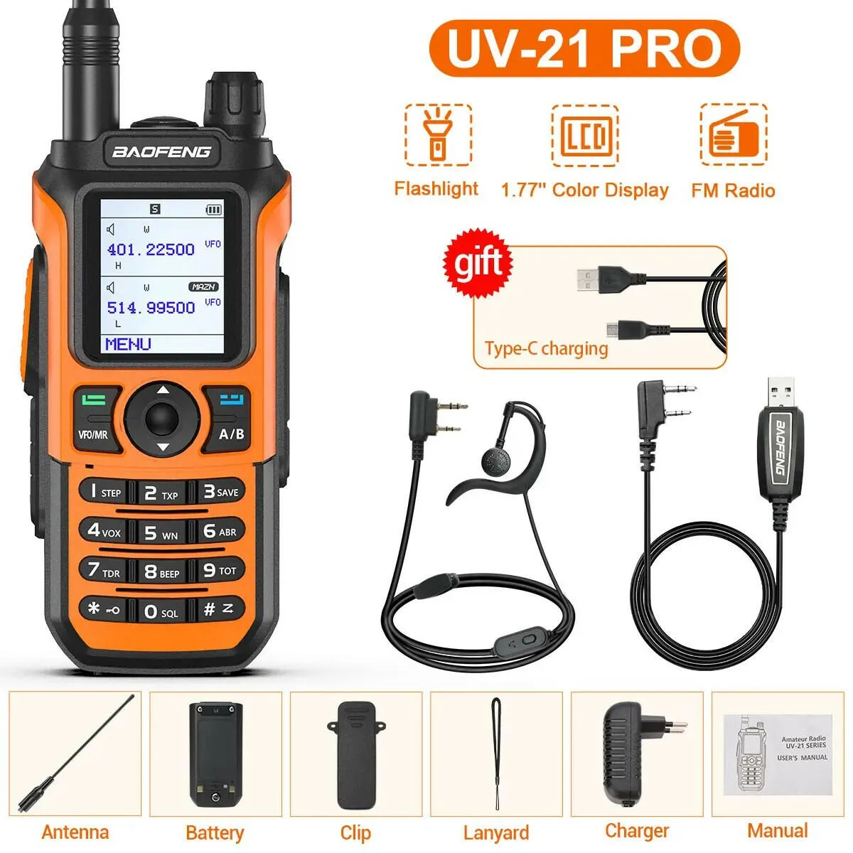 Baofeng UV-21 Pro Wireless Copy Frequency Tri-Band 999CH Waterproof Walkie Talkie TYPE C 16 KM Long Range UV-5R 17 Harm Radio