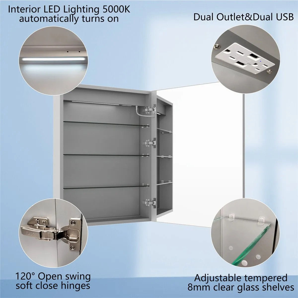 Boost-M2 24" W x 32" H LED Lighted Bathroom Medicine Cabinet with Mirror and Clock