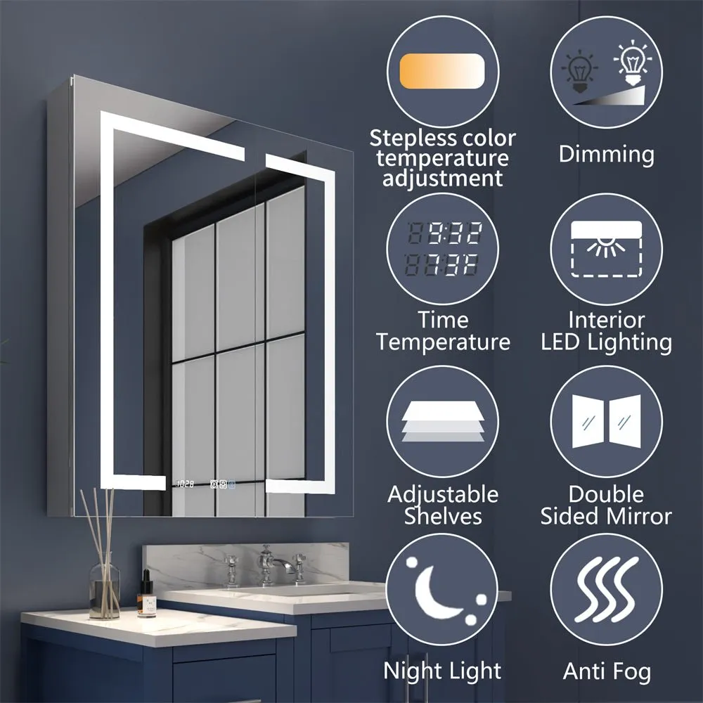 Boost-M2 24" W x 32" H LED Lighted Bathroom Medicine Cabinet with Mirror and Clock