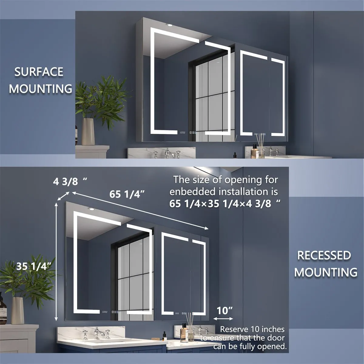 Boost-M2 66" W x 36" H Bathroom Light Medicine Cabinets Recessed or Surface Defogger, Dimmer, Clock，Outlets & USB