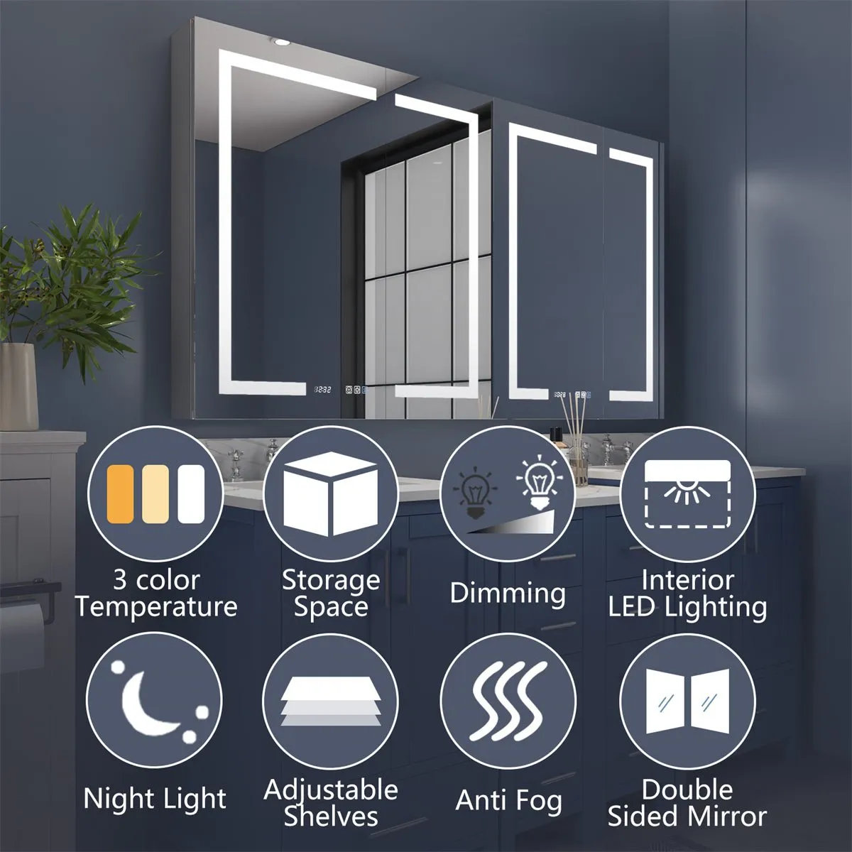 Boost-M2 66" W x 36" H Bathroom Light Medicine Cabinets Recessed or Surface Defogger, Dimmer, Clock，Outlets & USB