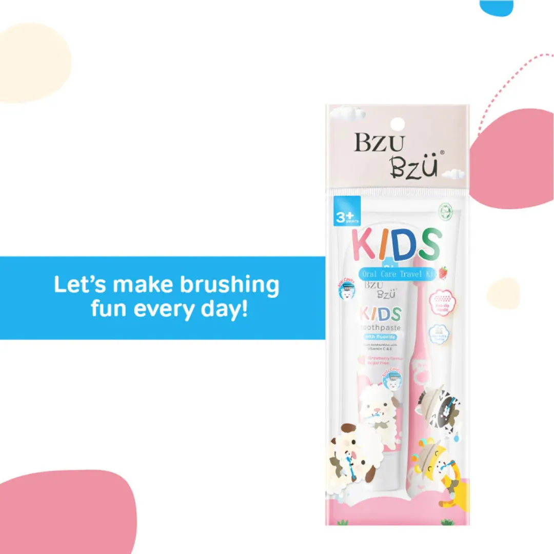 BZU BZU Kids Oral Care Travel Kit 3  Years (Strawberry Toothpaste   Pink Toothbrush)