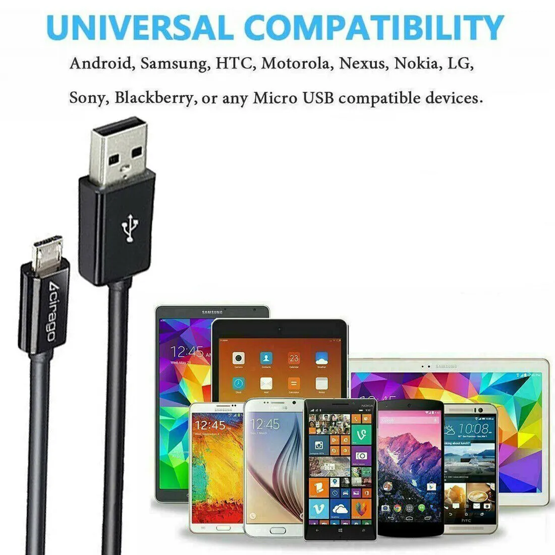 Cirago Micro USB to USB Data Sync/Charging Cable Cord for Samsung Android HTC LG