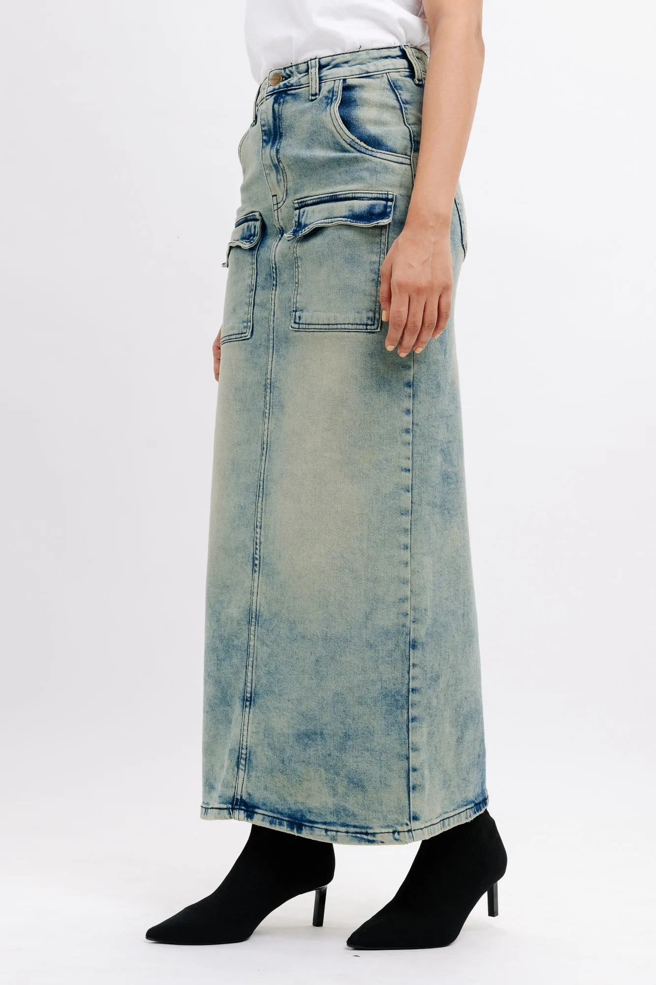 Denim Patch Pocket Retro Maxi Skirt