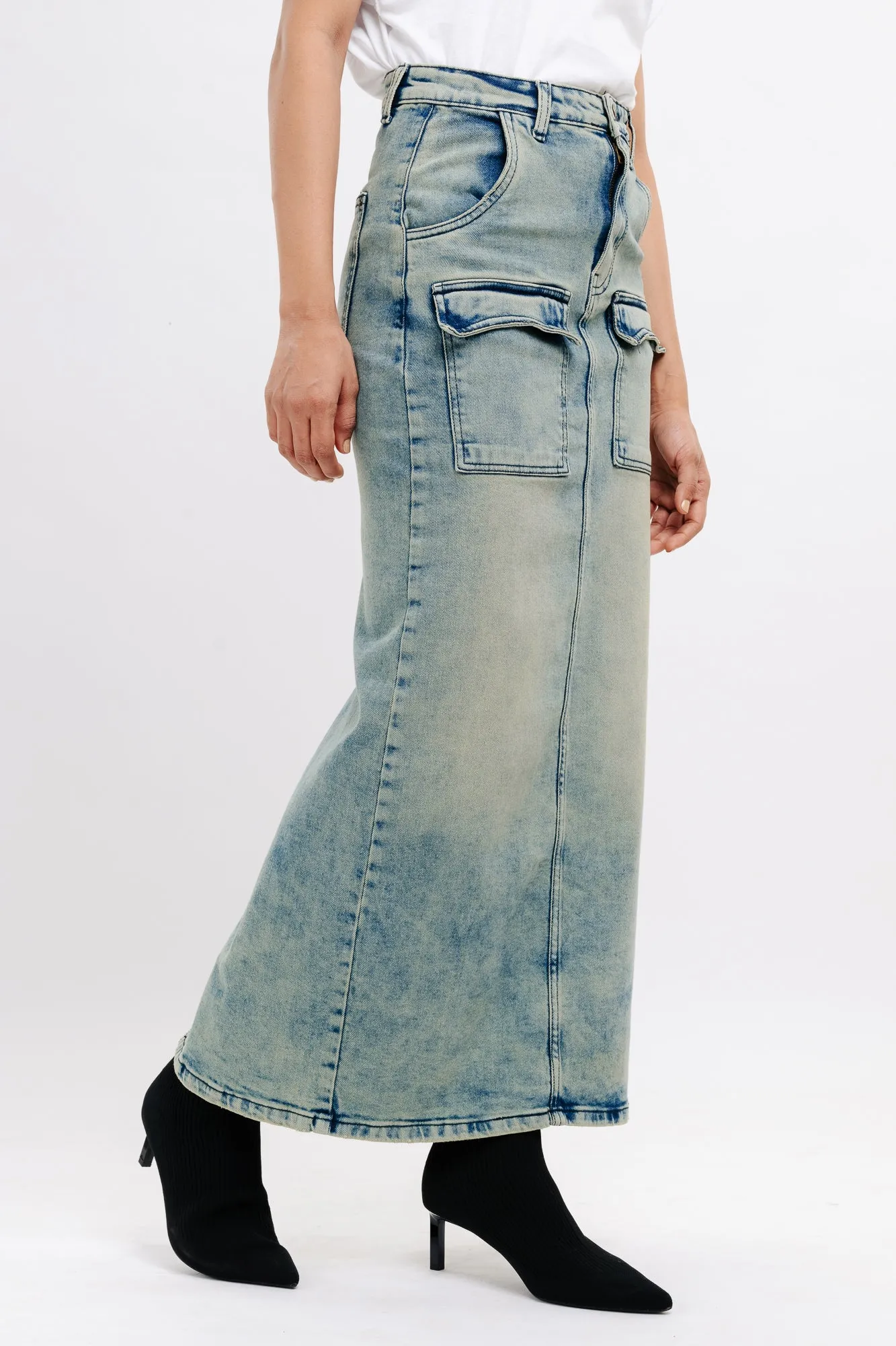 Denim Patch Pocket Retro Maxi Skirt