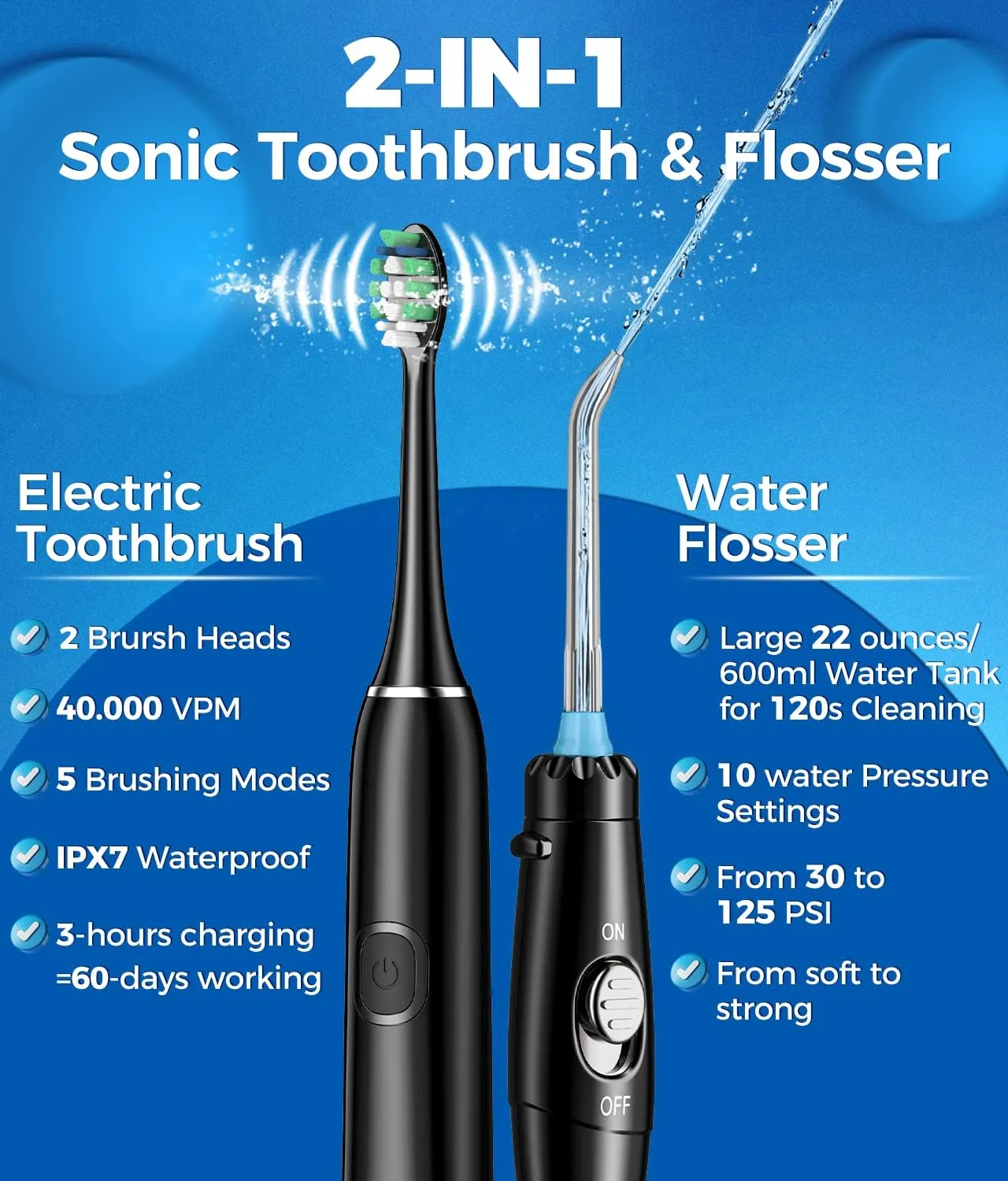 Electric Toothbrush and Water Flosser,600ML Oral Irrigator Water Flosser with 7 Jet Tips,10 Adjustable Water Pressure,Sonic Electric Toothbrush with 2 Brush Heads,5 Modes(Black)