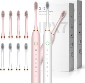 Electric Toothbrush with 8 Brush Heads, 42000vpm 6 Modes IPX7 Waterproof, Soft Electric Toothbrush for Adults - 2 Pack, White Pink