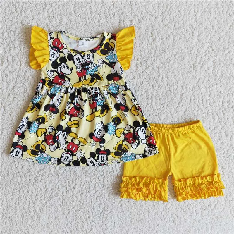 girls yellow cartoon tops shorts sets C8-3