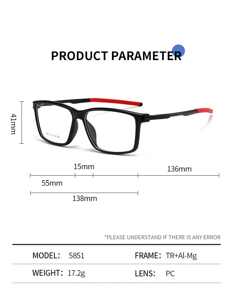 Gmei Men's TR 90 Square Aluminum Magnesium Sport Frame Eyeglasses 5851