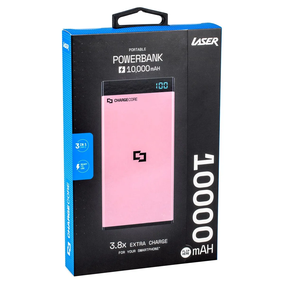 Laser 10000mAh Power Bank with 3-in-1 Cable - Black- Pink - White