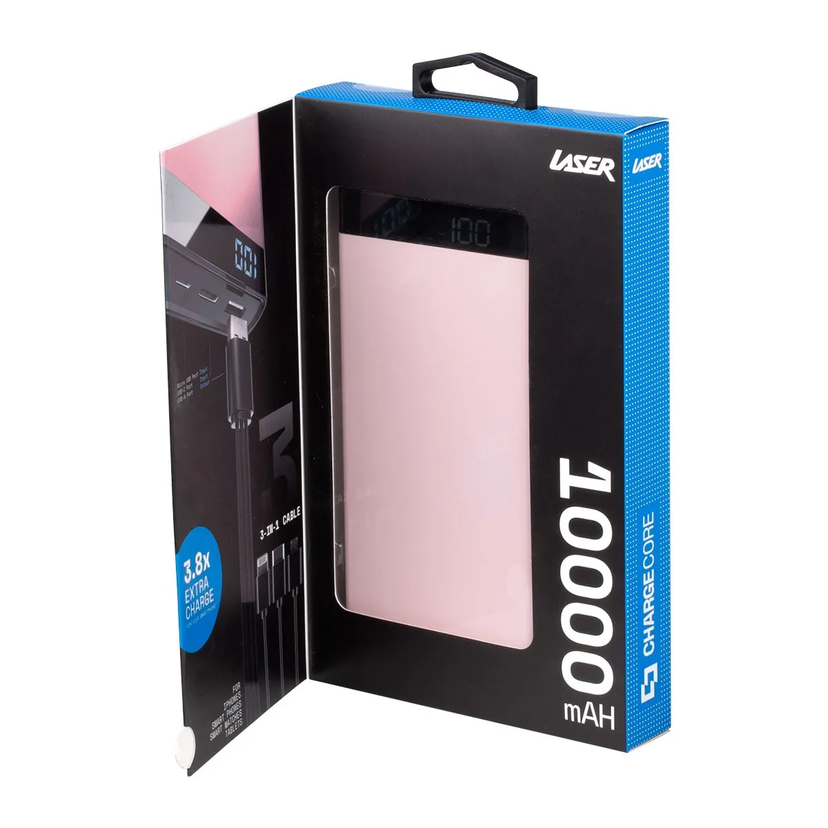 Laser 10000mAh Power Bank with 3-in-1 Cable - Black- Pink - White