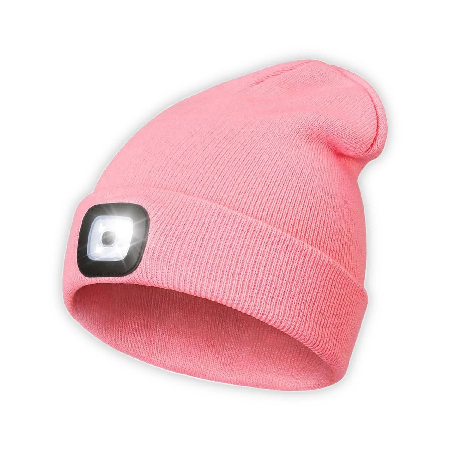 LED Beanie Hat with Light, Unisex USB Rechargeable Hands Free 4 LED Headlamp Cap, Winter Knitted Headlight, Men Gifts for Dad Husband (Pink)