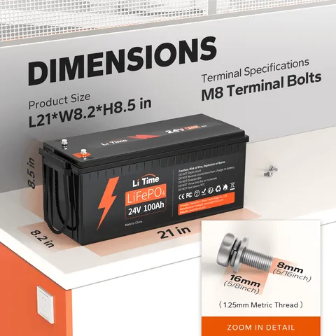 LiTime 24V 100Ah LiFePO4 Lithium Battery, Build-In 100A BMS, 2560Wh Energy