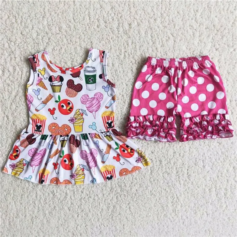 Mouse chips snack sleeveless dress pink polka ruffle shorts set