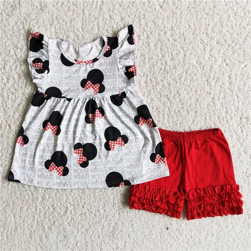 Mouse flutter sleeve dress red ruffle shorts set