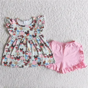 Mouse snack flutter sleeve dress pink ruffle shorts set