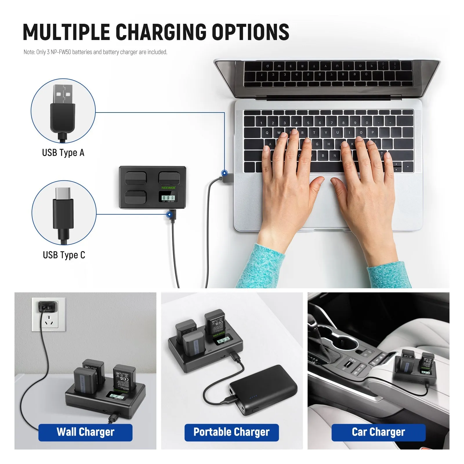 NEEWER NP-FW50 3 Pack Replacement Sony Battery and Charger Set