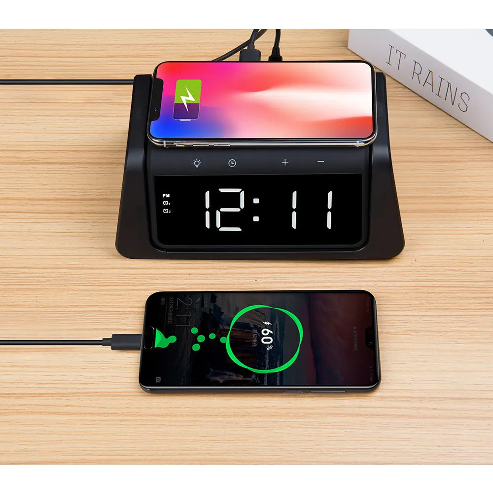 Rewyre Alarm Clock with USB-C, Wireless Charger, and UV Lamp (Black)