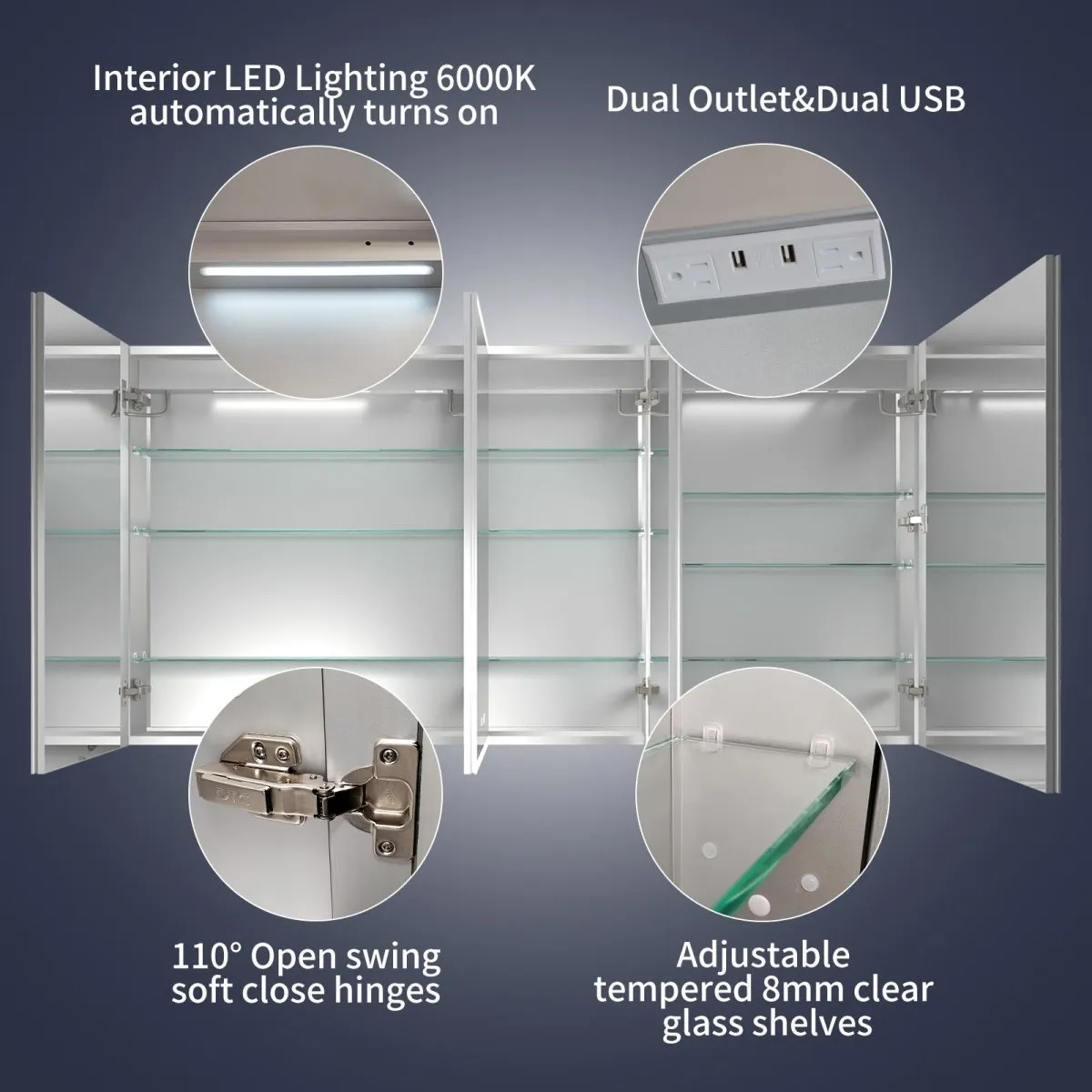 Rim 72" W x 36" H LED Lighted Medicine Cabinet Recessed or Surface with Mirrors,For Bathroom