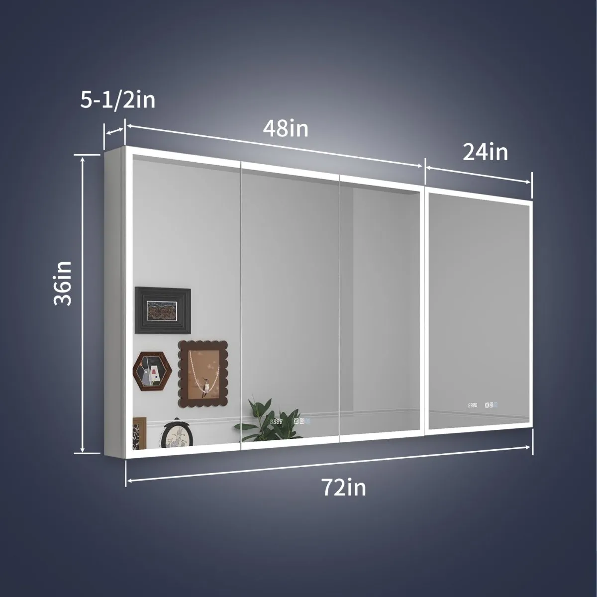 Rim 72" W x 36" H LED Lighted Medicine Cabinet Recessed or Surface with Mirrors,For Bathroom