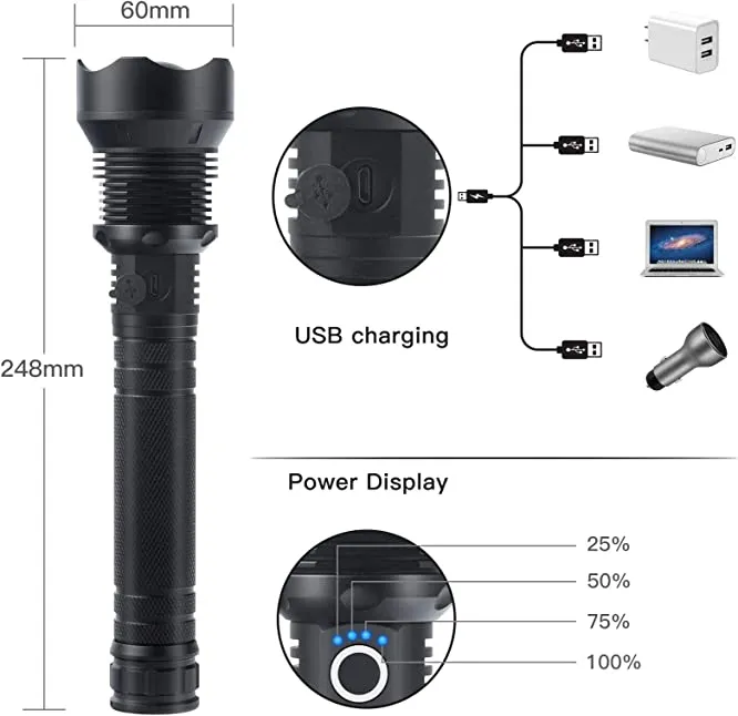 🔦Super Bright, Powerful,High lumens,Long-Size Tactical Flashlights with Rechargeable battery