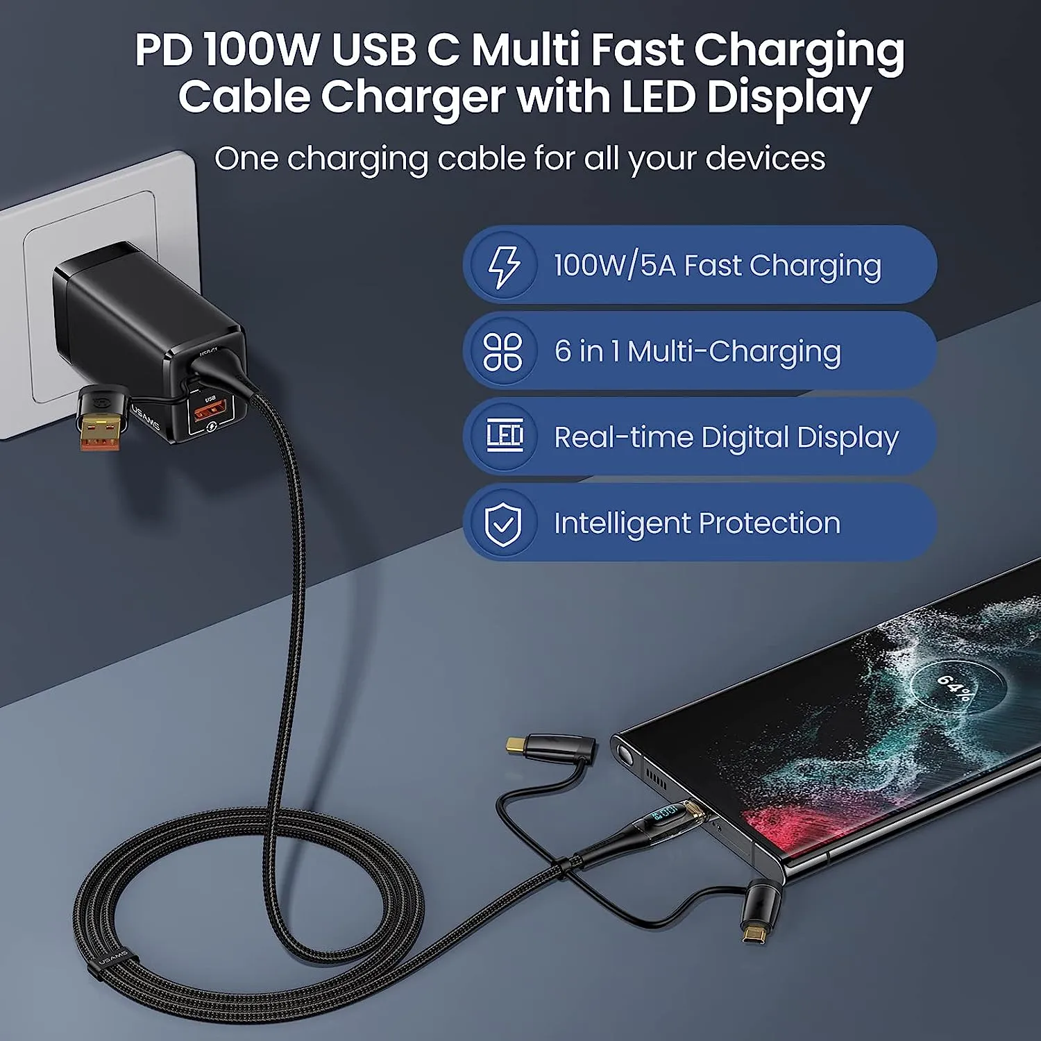 USAMS PD100W 6in1 Fast Charging & Data Cable with Led Display